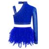 Girls Dance Performance Costume Sparkly Rhinestones Tops Unique Irregular Shoulder Crop Top Feather Detail Briefs Set
