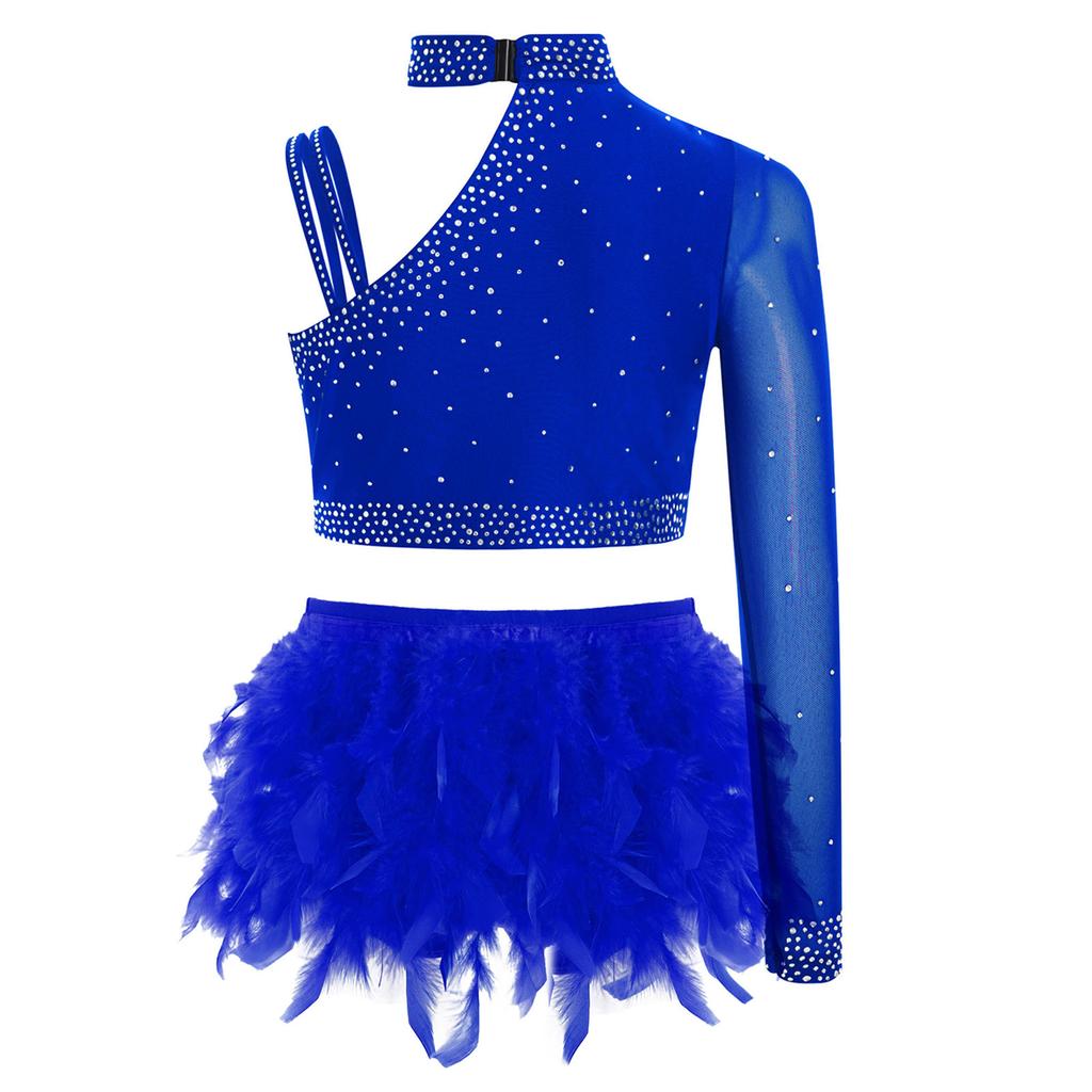 Girls Dance Performance Costume Sparkly Rhinestones Tops Unique Irregular Shoulder Crop Top Feather Detail Briefs Set