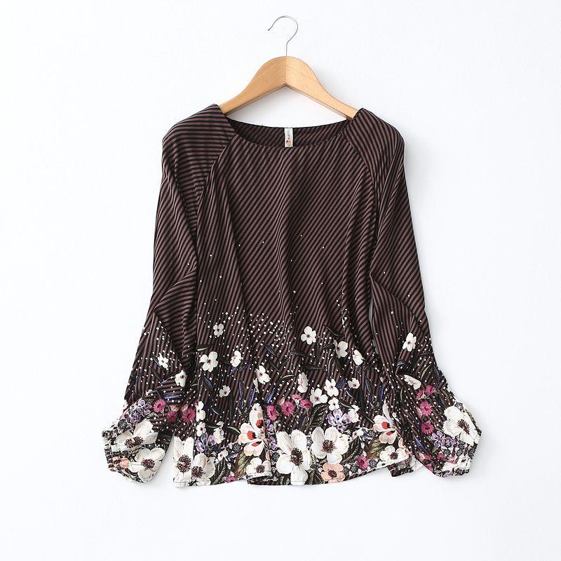Xiaoyujia Export Fashion Diagonal Striped Flower Print Loose and Simple Artificial Cotton Long Sleeves Cotton Silk Shirt