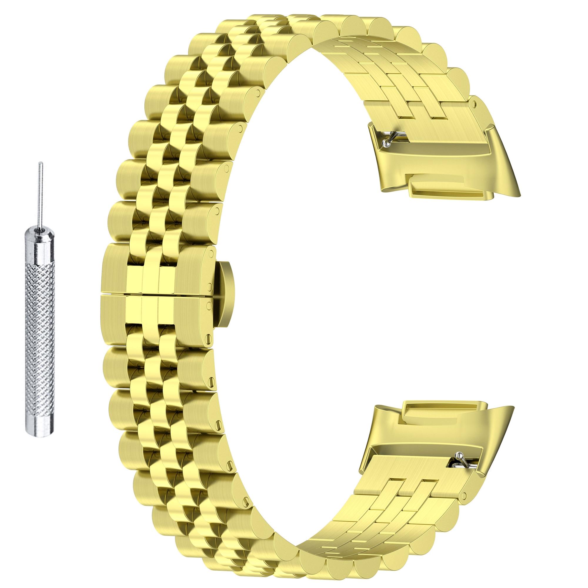 

Для Fitbit Charge 6/5 Металлический ремешок для часов из нержавеющей стали 5 звеньев Застежка-бабочка Браслет Ремешок с инструментом Gold