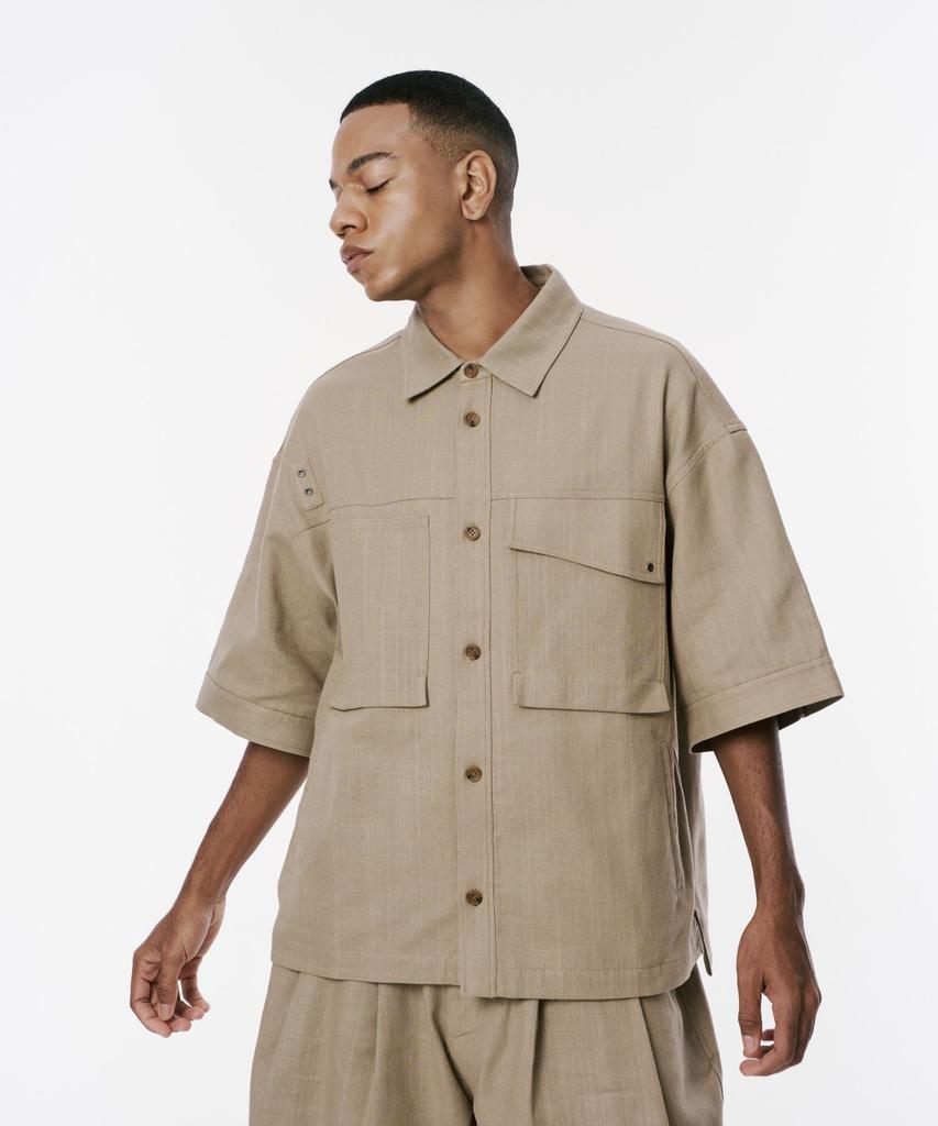 Codemorph Linen Texture Cotton Utility Short Sleeve Shirt Jacket Beige