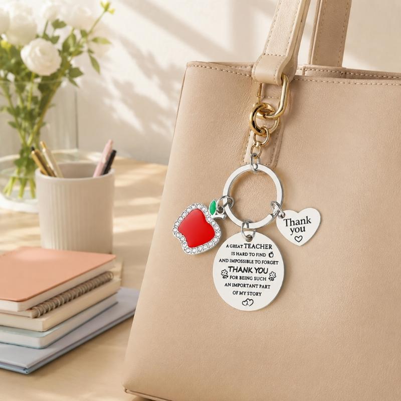 Teacher Appreciation Keychain for Teachers, Polished Metal Bag Charm with Engraved Pendant for Daily Keys and Bags