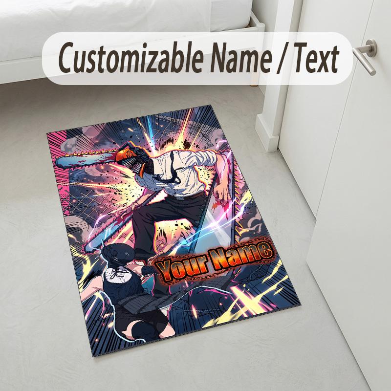 Personalized Crystal Velvet Carpet,Chainsaw Man Custom Printed Name, Plush Area Rug For Home Indoor Decor
