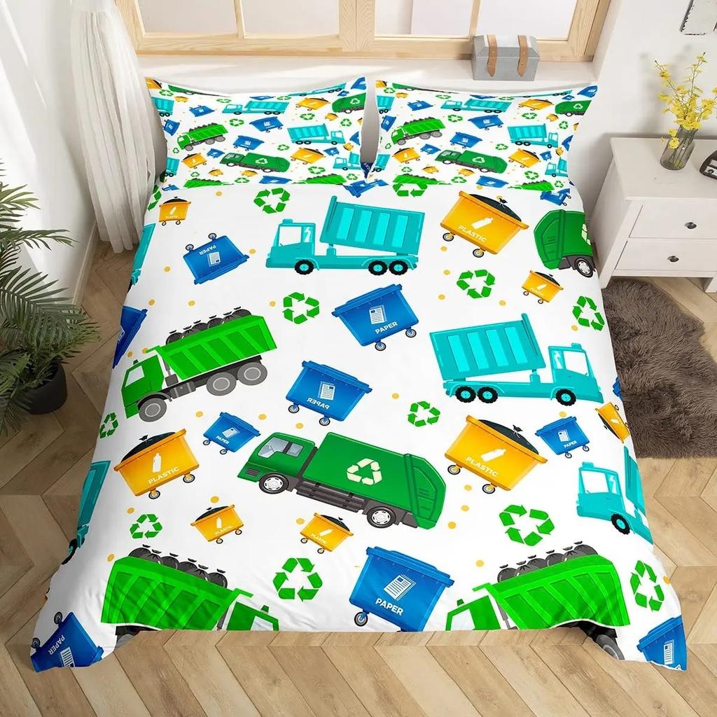 Cartoon Garbage Truck Duvet Cover Green Trash Truck Bedding Set Green Vehicle Car Comforter Cover Garbage Truck Toy Quilt Cover