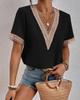 Plus Size Women's V Neck Lacework Loose Top Short Sleeve Casual T-Shirt Woman Blouses & Shirts