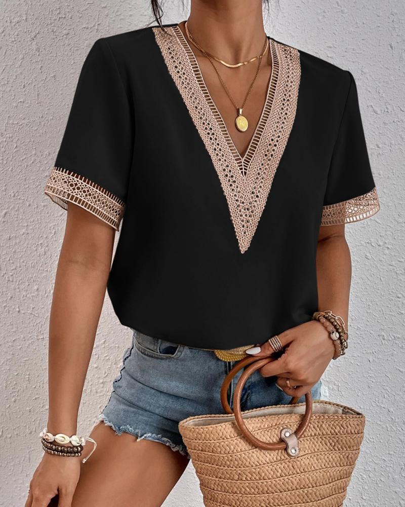 Plus Size Women's V Neck Lacework Loose Top Short Sleeve Casual T-Shirt Woman Blouses & Shirts