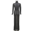 Herbst und Winter Damen Sexy Perspektive Slim-Fit High-Neck Langarm Volltonfarbe Langer Rock Temperament Kleid