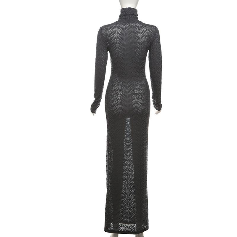 Herbst und Winter Damen Sexy Perspektive Slim-Fit High-Neck Langarm Volltonfarbe Langer Rock Temperament Kleid