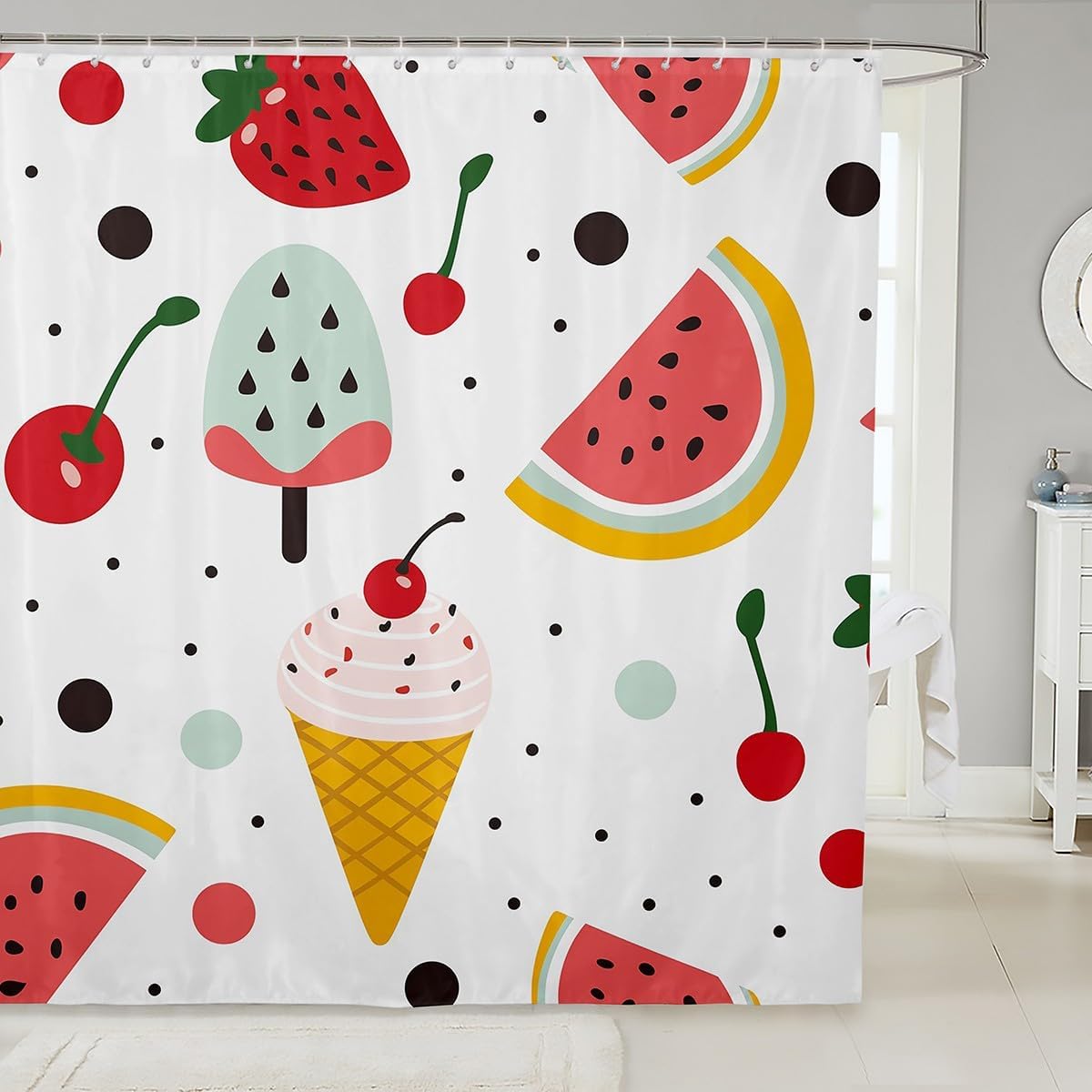 

Girls Ice Cream Shower Curtain Cartoon Dessert Pattern Fabric Shower Curtain Kids Colorful Ice Cream Cake Bathroom Waterproof 90x180CM