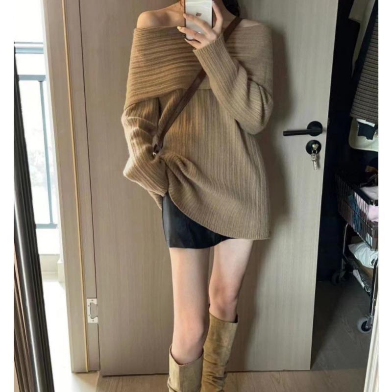 

Осень и зима новый ленивый стиль высококлассный вязаный пуловер элегантный темперамент с открытыми плечами с длинными рукавами одежда one size fits all хаки