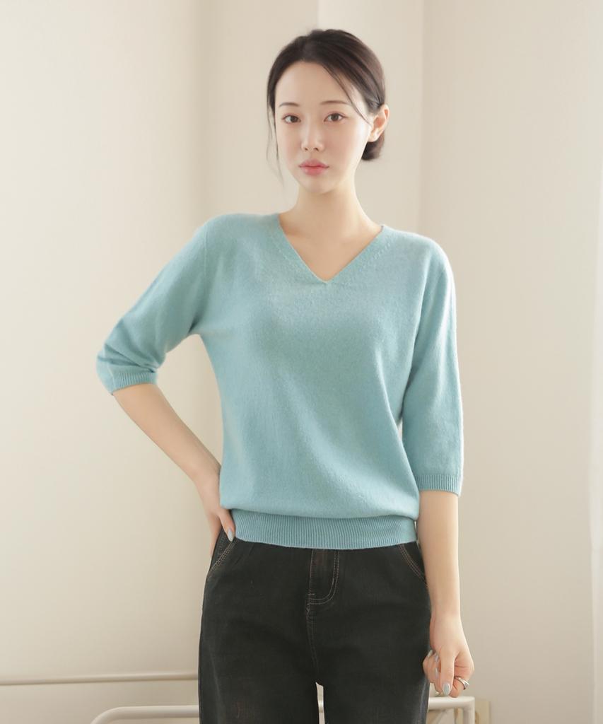 Keulleiseu 100% Wool V-Neck 3/4 Sleeve Knit_Camel