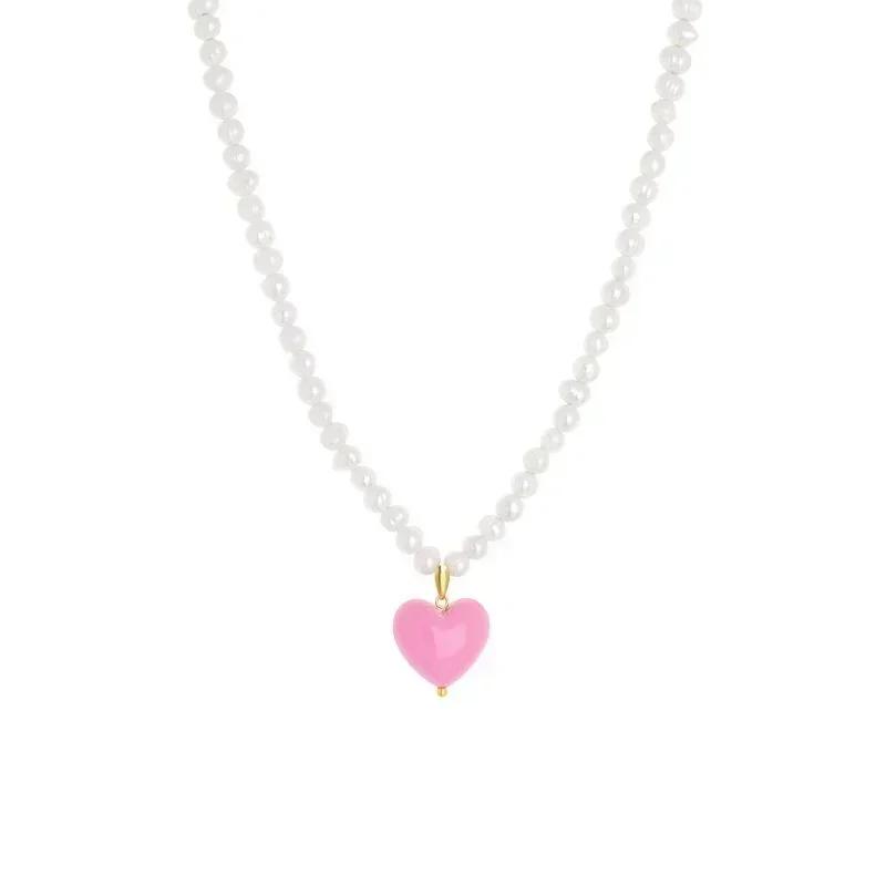 Candy Color Heart Necklace Fashion Girl's Vintage Sweet Pink Heart Pendant Earrings Freshwater Pearl Contrast Earring Design