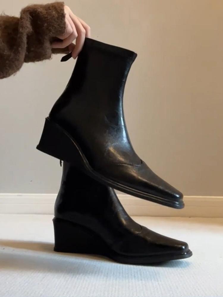 

Sheepskin version~ Leather thick-soled wedge heel elastic thin boots women s new retro versatile British style short boots Martin boots 40