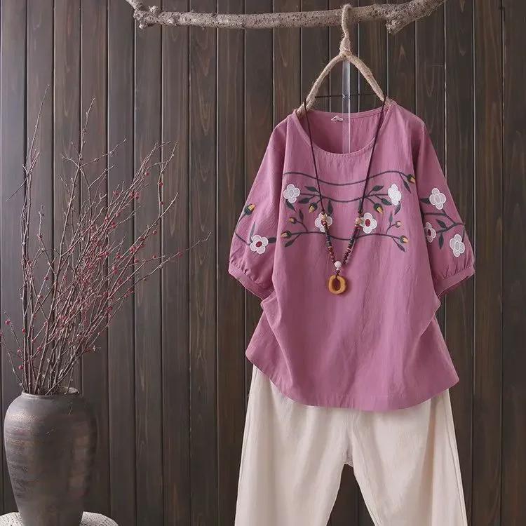 

Женская летняя футболка из хлопка и льна с вышивкой в стиле ретро — свободный крой, этнический стиль, короткий рукав, размер плюс, утягивающий топ M for 85-105 lbs фиолетовый