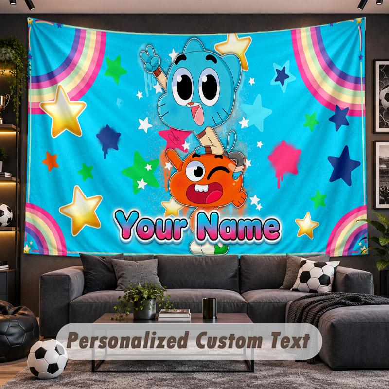 Arazzo da Parete Nome Personalizzato Fantastico Mondo di Gumball Stampa Personalizzata su Tessuto Decorazione Murale
