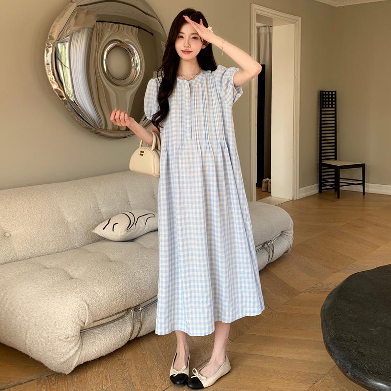 2026 Summer Maternity Puff Sleeve Retro Plaid Dress with Pleated Front XL