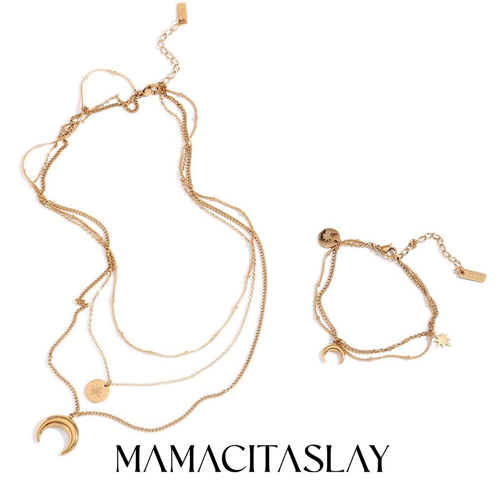 

MamacitaSlay 316L Stainless Steel Moon Star Layered Necklace Bracelet 18K Gold Plated Waterproof Jewelry Set For Women Wear