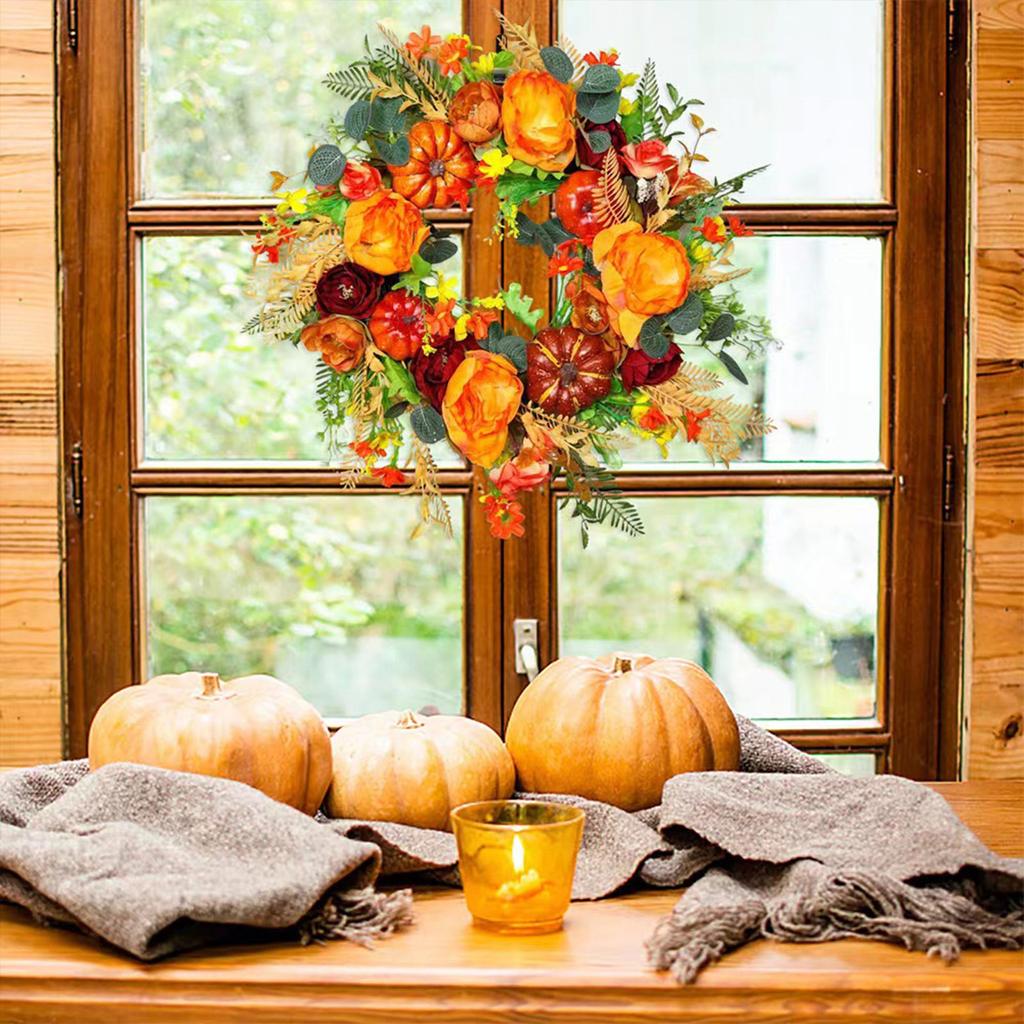 Artificial  Wreath Front Door Punkin Rose Berry Branches Mixed Leaves Thanksgiving Wreath  Door Wreath For Halloween Thanksgiving Indoor Outdoor