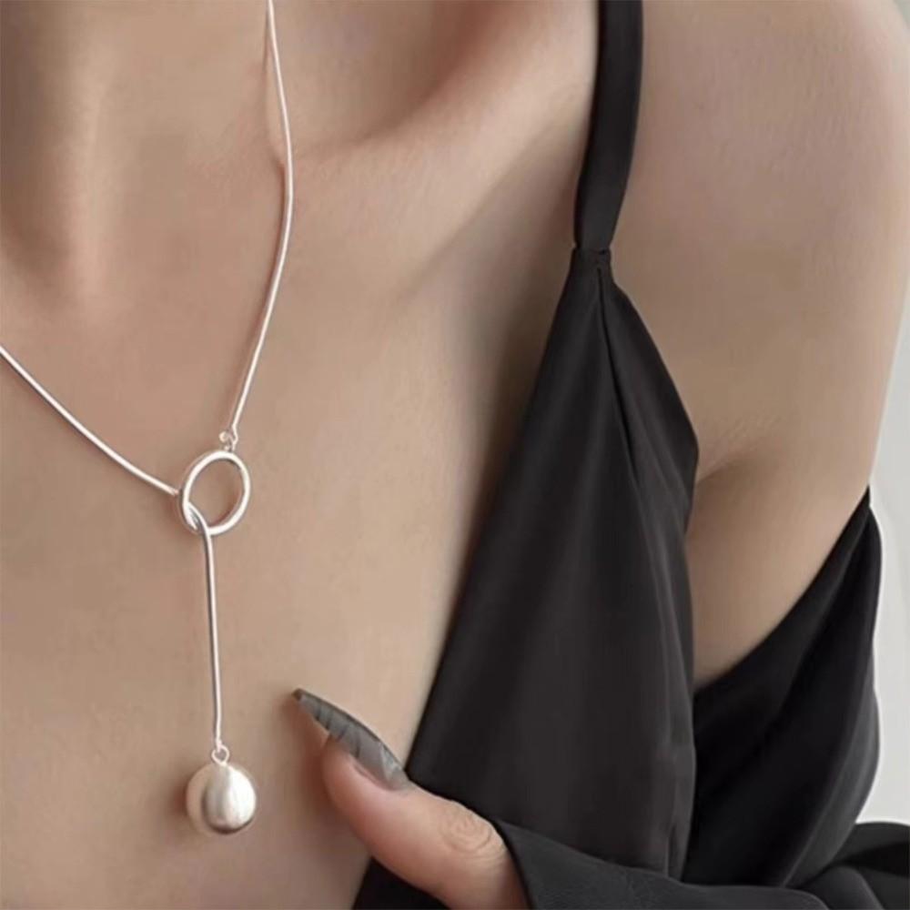 Geometric Shape Long Sweater Chain Luxury Silver Bead Necklace Brushed Round Ball Necklace  Gift
