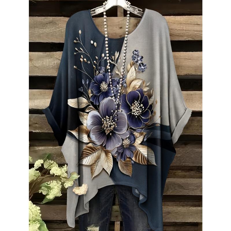 Women's Bohemian Flower Print T-Shirts Black Colorful Retro Full Body Graphic