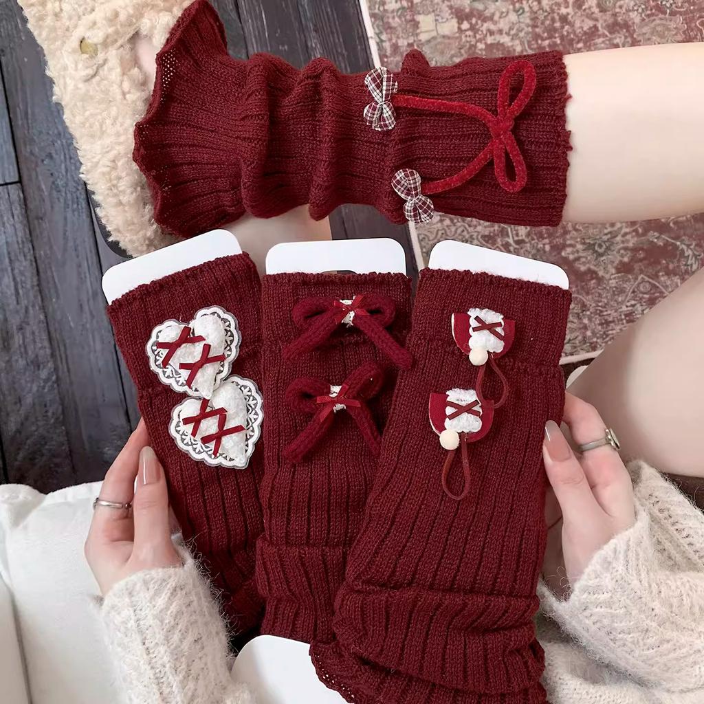 New Year'S Mori Bow Socks Cover Natal Year Red Sweet Love Hairball Stacking Socks Cover Thickened Leg Warmer