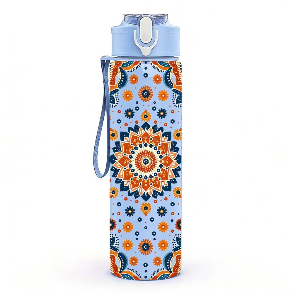1PC Vintage Tile Bohemian Pattern Print 750ml Color Plastic Sports Water Bottle Leakproof Flip Straw Lid Suitable for Sports Office Home Use