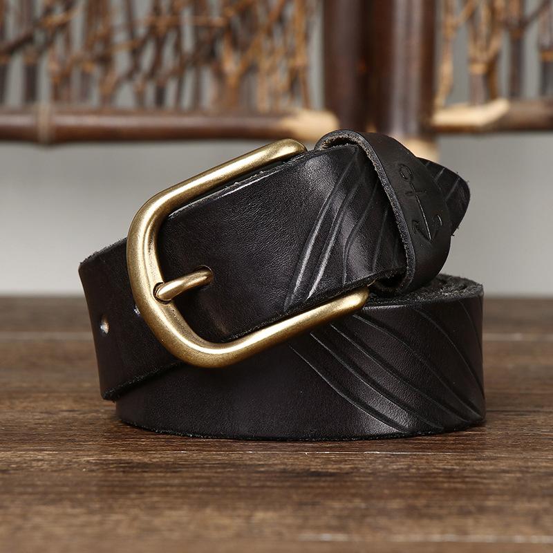 Hand-Carved Trendy Personalized Retro Belt Men'S Genuine Leather Pure Cowhide Casual Versatile Copper Buckle Jeans Belt
