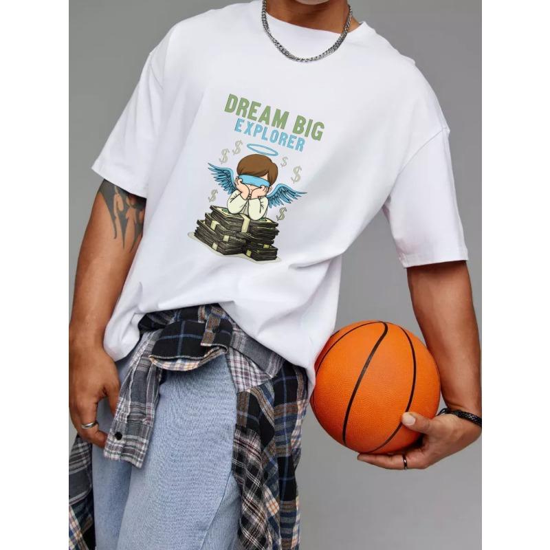 Crewneck T Shirt White Dream Big Explorer Angel with Money Stack Graphic for Casual Wear and Street Style