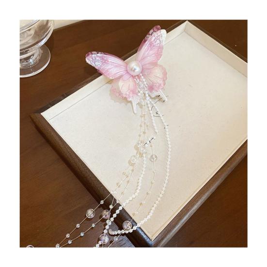 Girls Hair Pin Butterflies Decor Faux Pearls Beaded Long Tassel Hair Clip Wedding Prom Birthday Hair Barrette