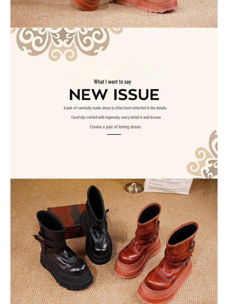 Women's 2025 Height-Increasing Martin Boots - Washed Cowhide Platform Ankle Boots with Buckle and Thick Sole