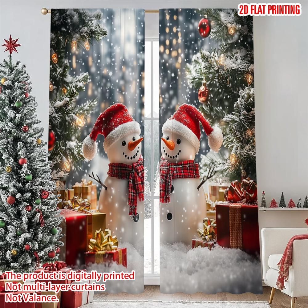 

Плоская Печать Веселого Рождества Оконные Шторы День Снеговик Елка Принты Полиэстер Без Электричества Занавеска Комплект Из 2 Штук Стирка Возможна W100*H70(CM)-Grommet top&1PCS
