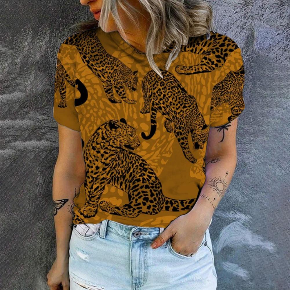 

Женская футболка, летняя модная футболка, популярная футболка с цветочным леопардовым принтом, свободная футболка для отдыха, футболка с круглым вырезом 5XL