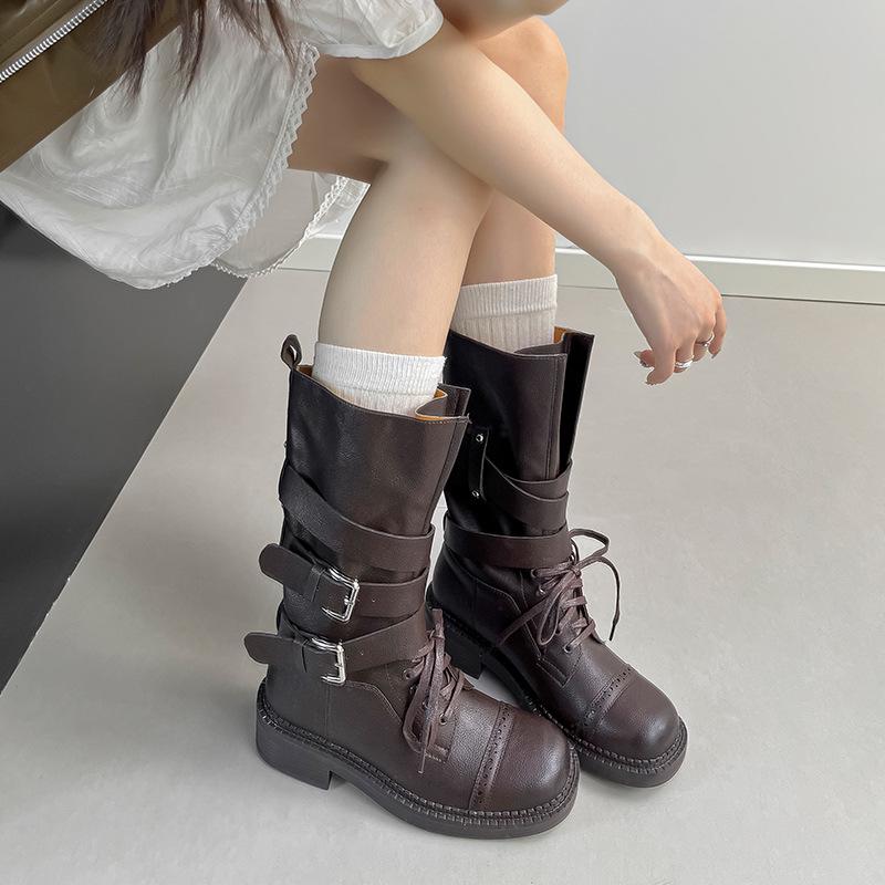 2025 Autumn/Winter Women's Retro British Mid-Calf Lace-Up Belt Buckle Martin Boots - Thick Sole, Height Increasing Western Style