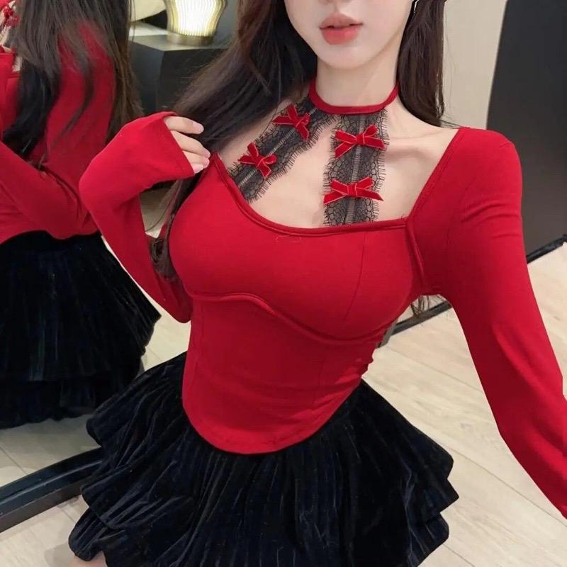 2KWEIRD Square Collar Long Sleeve Bottoming Women Tees Sweet Y2k Aesthetic Bow Sexy Lace Crop Top Japanese Chic Fashion Slim T-Shirts