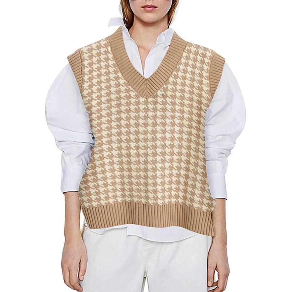 Loose Knitted Vest Sweater Women Sleeveless Thick Vintage Sweater Vest Female Waistcoat Chic Tops  Houndstooth Women Clothing