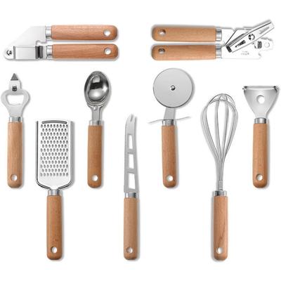 9 Pieces Kitchen Gadget Set with Wooden Handle, Stainless Steel Kitchen Tools Bottle/Can Opener Pizza Cutter