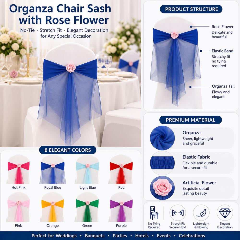 Bows Chair Back Bow Decorative Belt Rose Flower Chair Bandage  for Wedding Hotel Banquet
