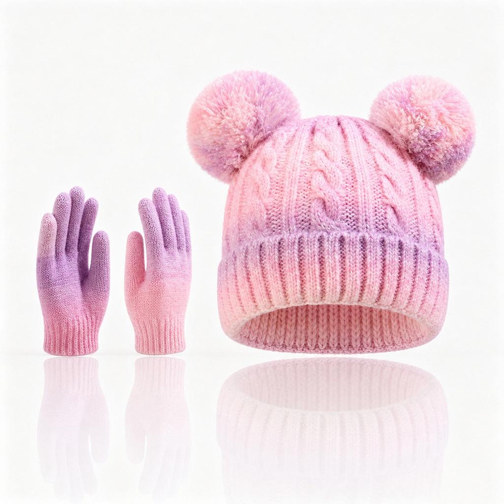 Kids Colorful Tie- Wool Hat and Gloves Set, Knit