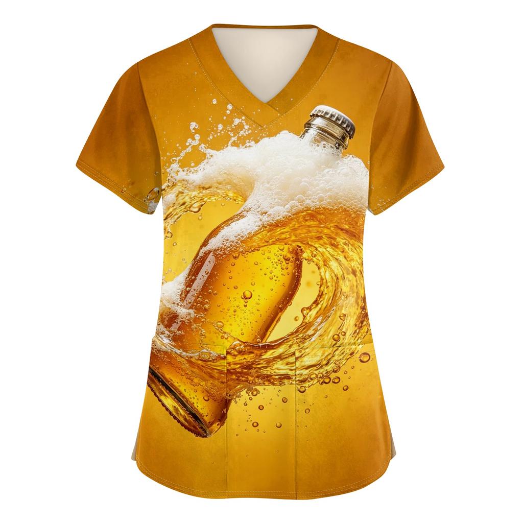 Women's V Neck Short Sleeve Work Shirt with Pockets Oktoberfest Beer Print Medical Scrub Top for Healthcare Professionals
