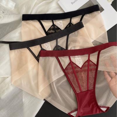 Sexy Seamless Underwear Women's Thin Satin Sexy Mesh Quick Drying Lace Briefs Mid Waist Triangle Panties