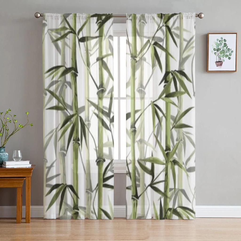Schwarze transparente Vorhänge mit Bambus-Vogelmotiv für Wohnzimmer, Schlafzimmer, Tüllvorhänge, Küchenfensterbehandlungen, Vorhänge