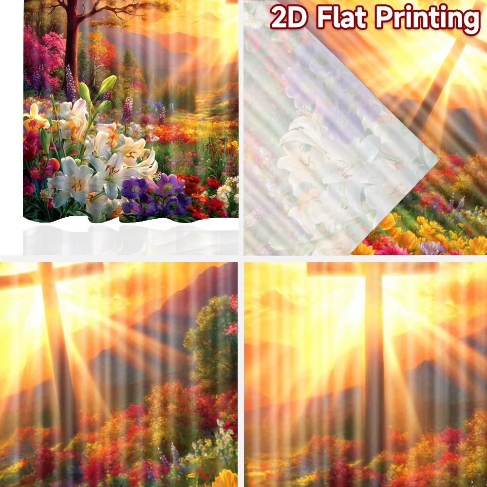 2D flat printing 2pcs Window Drapes Easter Lily Cross Dove Sunrise Digital Printed Polyester Drapes Holiday Decorations for New