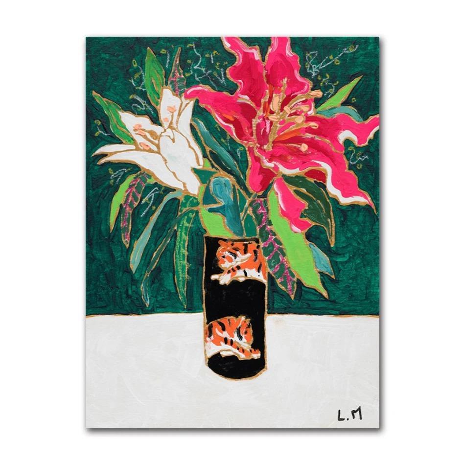 Nordic Flower Leaf Colorful Vase Art Print Wall Poster Canvas Painting Retro Picture Modern Home Decor Bedroom Decoration