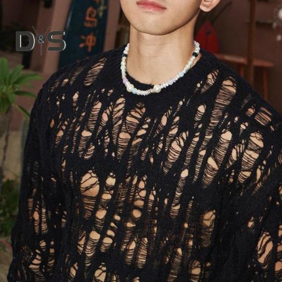 Pánské topy s kulatým výstřihem, s dlouhým rukávem, pletené tričko, pánské oblečení, retro, duté, síťované pletené topy, jarní streetové oblečení