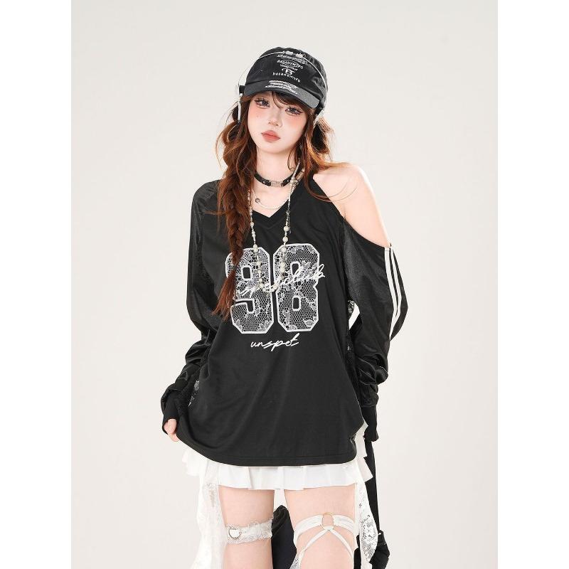 

Кружевной вышитый женский свитшот с длинными рукавами, с принтом, стройнящий, с открытым плечом, осенний, свободный, новый, модный женский топ L