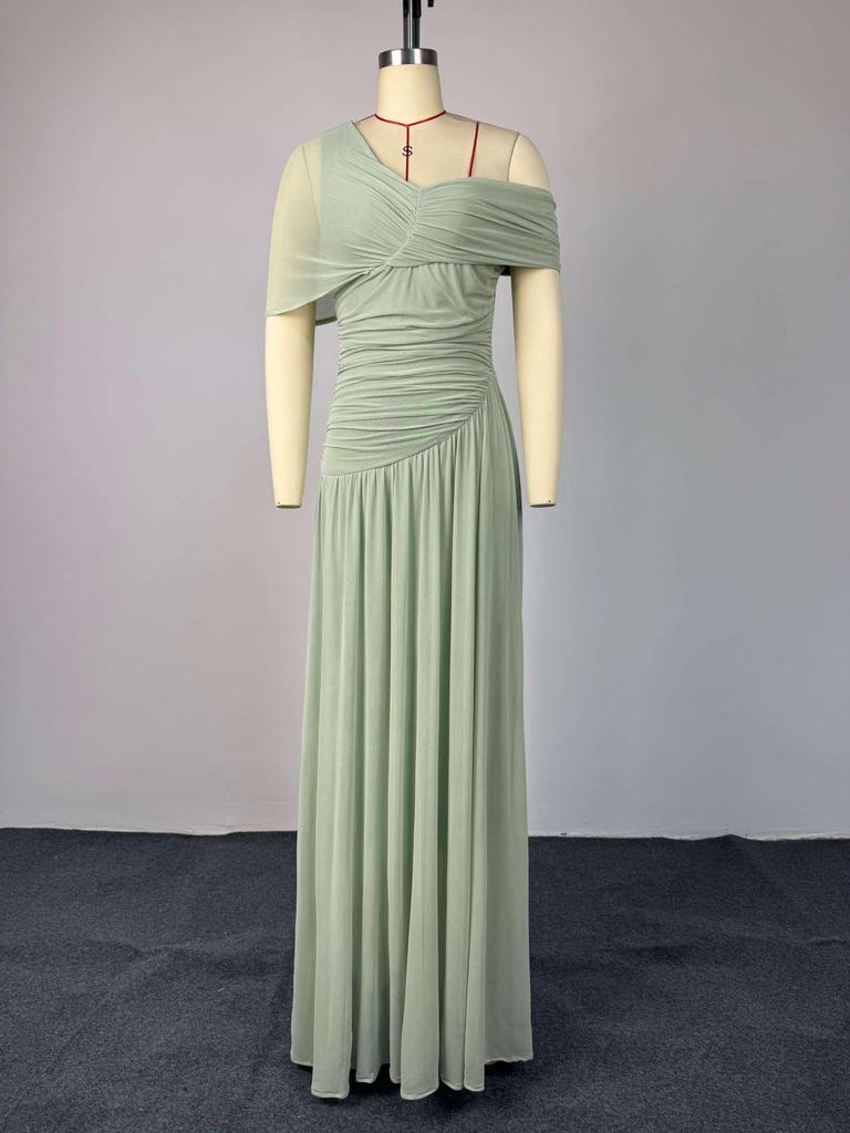 2026 Elegant One-Shoulder Pleated Waist-Cinched Lace-Up Long Sleeve Dress for Women