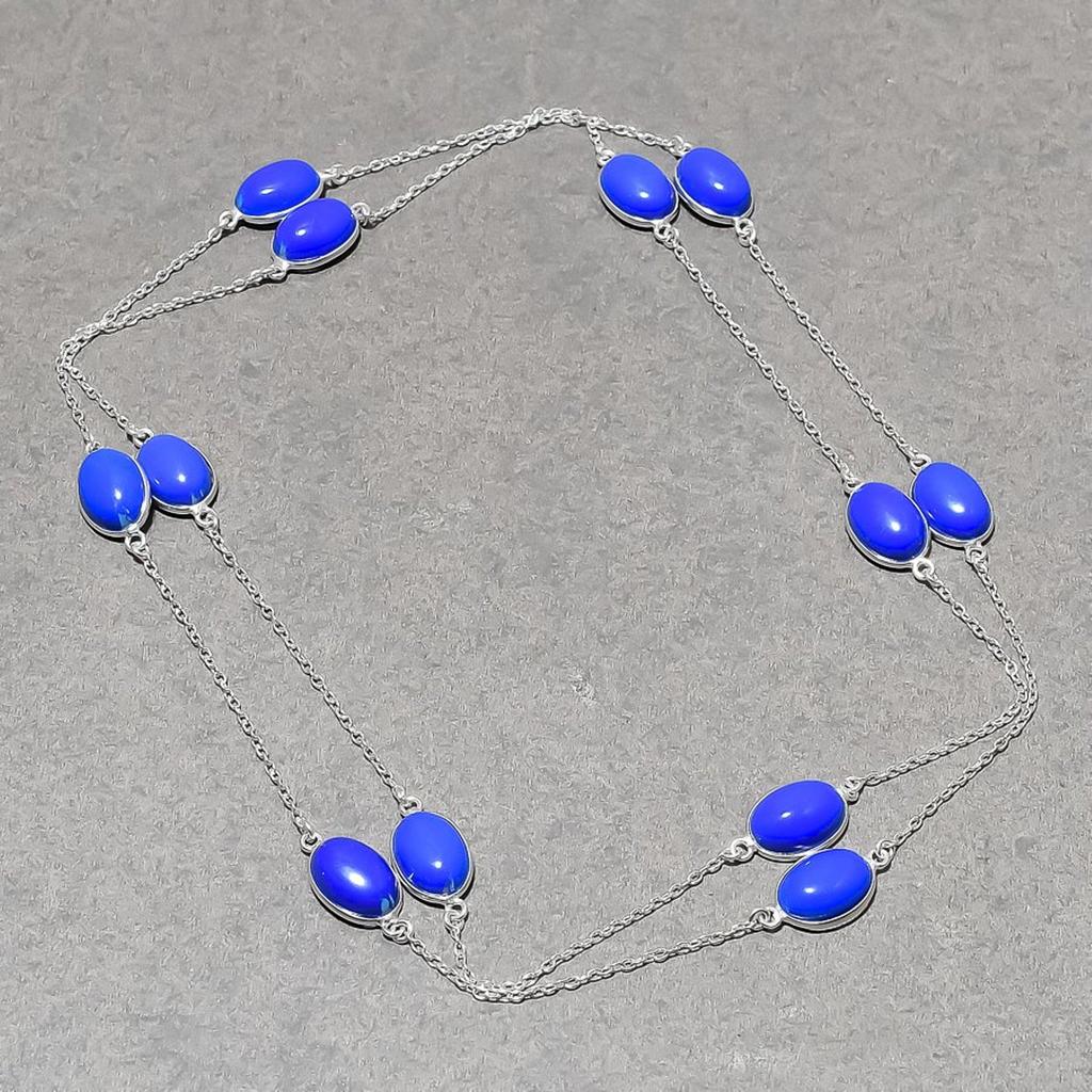 Lapis lazuli Necklace 36" Chain Silver Tone Polished Oval Gemstone Jewelry Gifts