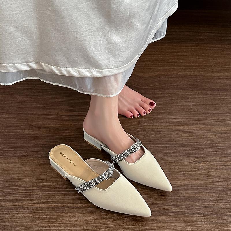 Y097-5 Sandals Women's Summer 2025 New Pointed Heel Thick Heel Baotou Lazy Half Slippers Fashion Outer Wear Fairy Gentle