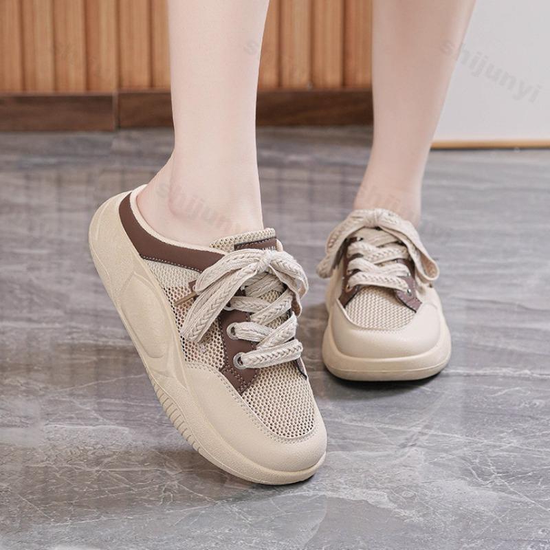 Fashion Women Slippers 2025 Summer Platform New Fashion Mesh Breath Vulcanized Shoes Comfortable Non Slip Half Slippers Zapatos De Mujer
