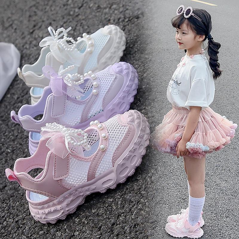 Girls' sports sandals, new summer model, children's hollow bow single mesh shoes, breathable mesh dad shoes for girls